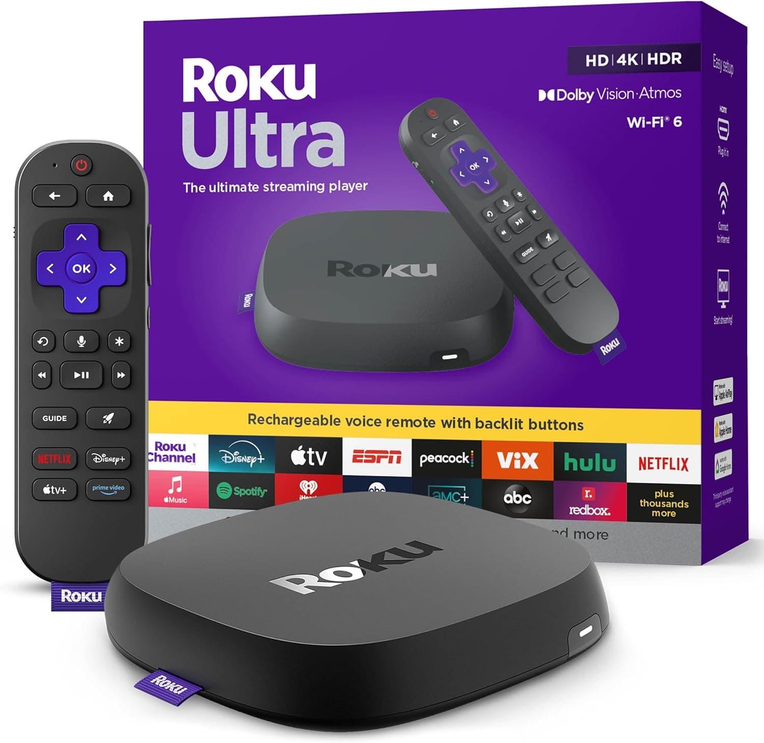 Roku Ultra, Ultimate Streaming Player, 4K Streaming Device, HDR10+ Dolby Vision and Atmos, Bluetooth and Wi-Fi 6, Rechargeable Voice Remote Pro