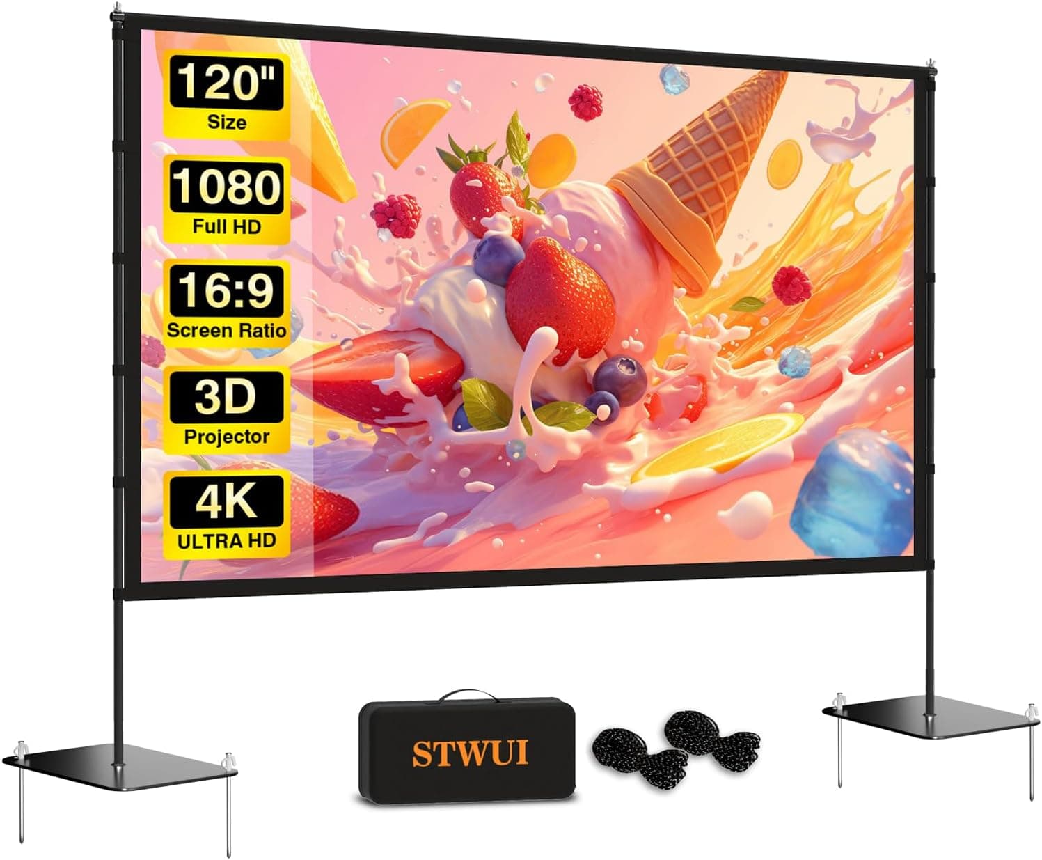 STWUI Outdoor Projector Screen with Stand - 120 inch Portable Projection Screen Indoor Outdoor 16:9 4K HD Lightweight Movie Screen with Carry Bag