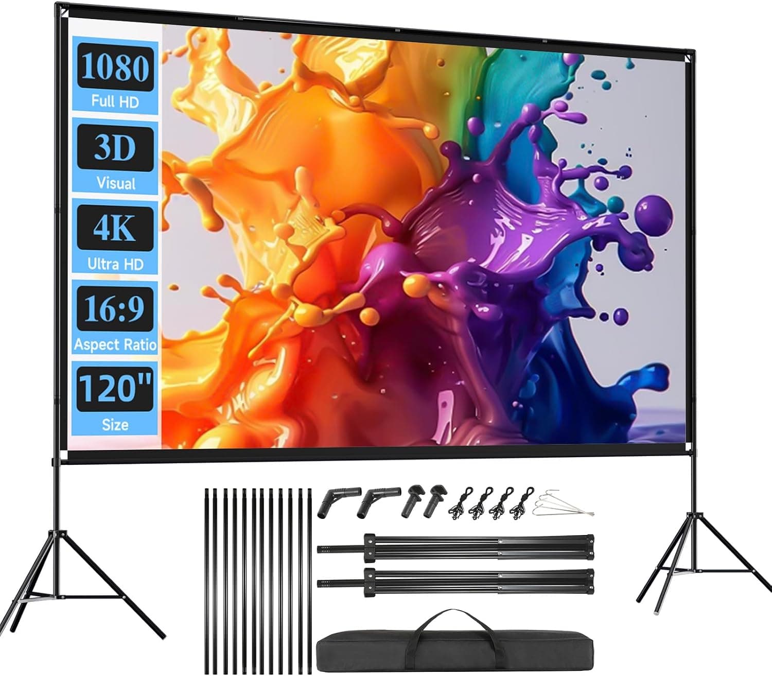Outdoor Projector Screen with Stand, SCREENMAX 120 inch Foldable Projector Screens with Portable Carry Bag, 16:9 4k HD