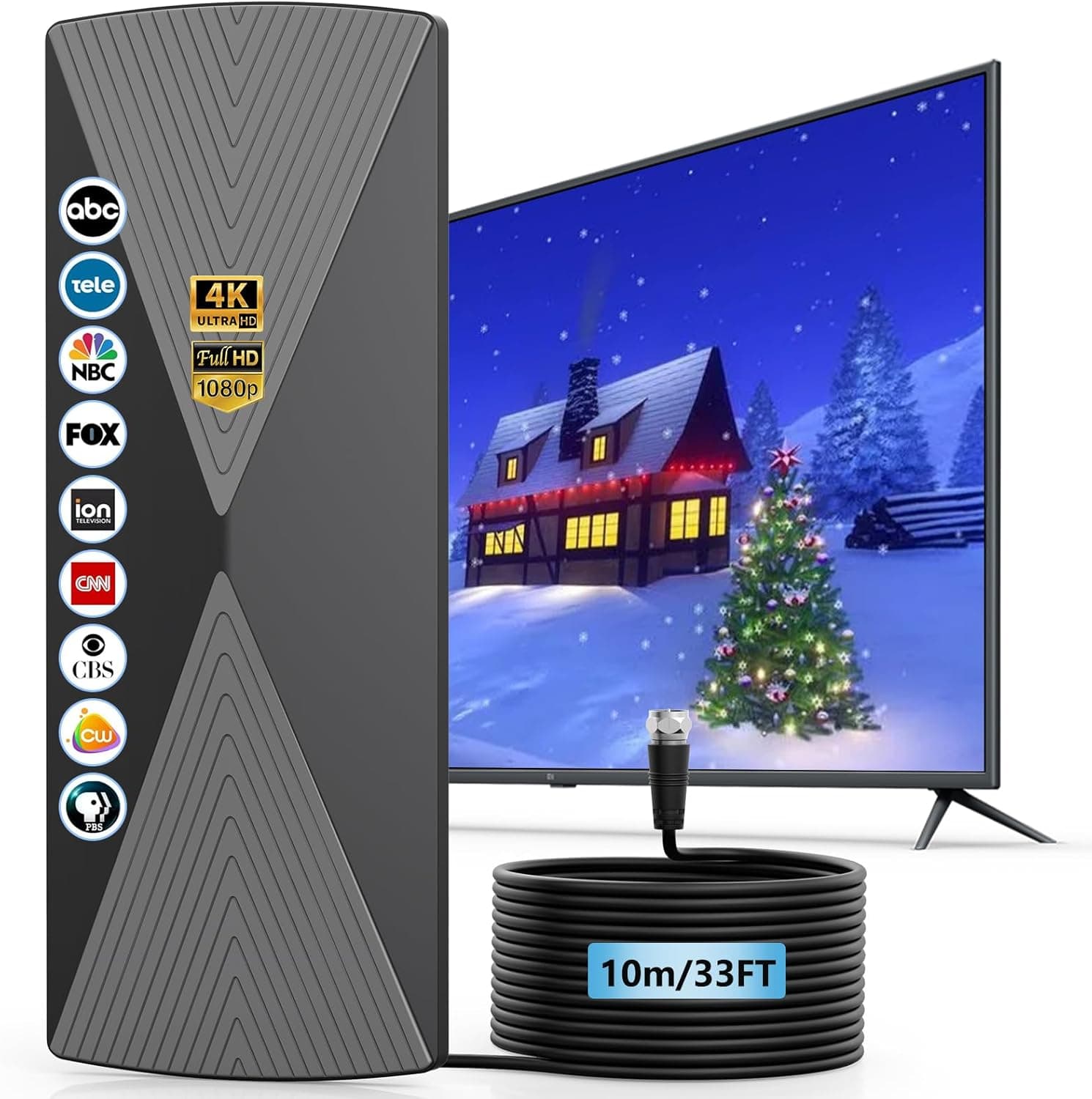 TV Antenna Indoor, Long Range Antenna for Smart TV with Amplifier Signal Booster for Local Channels, Digital Indoor Antenna, Supports 4K 1080p, 33ft Long Cables