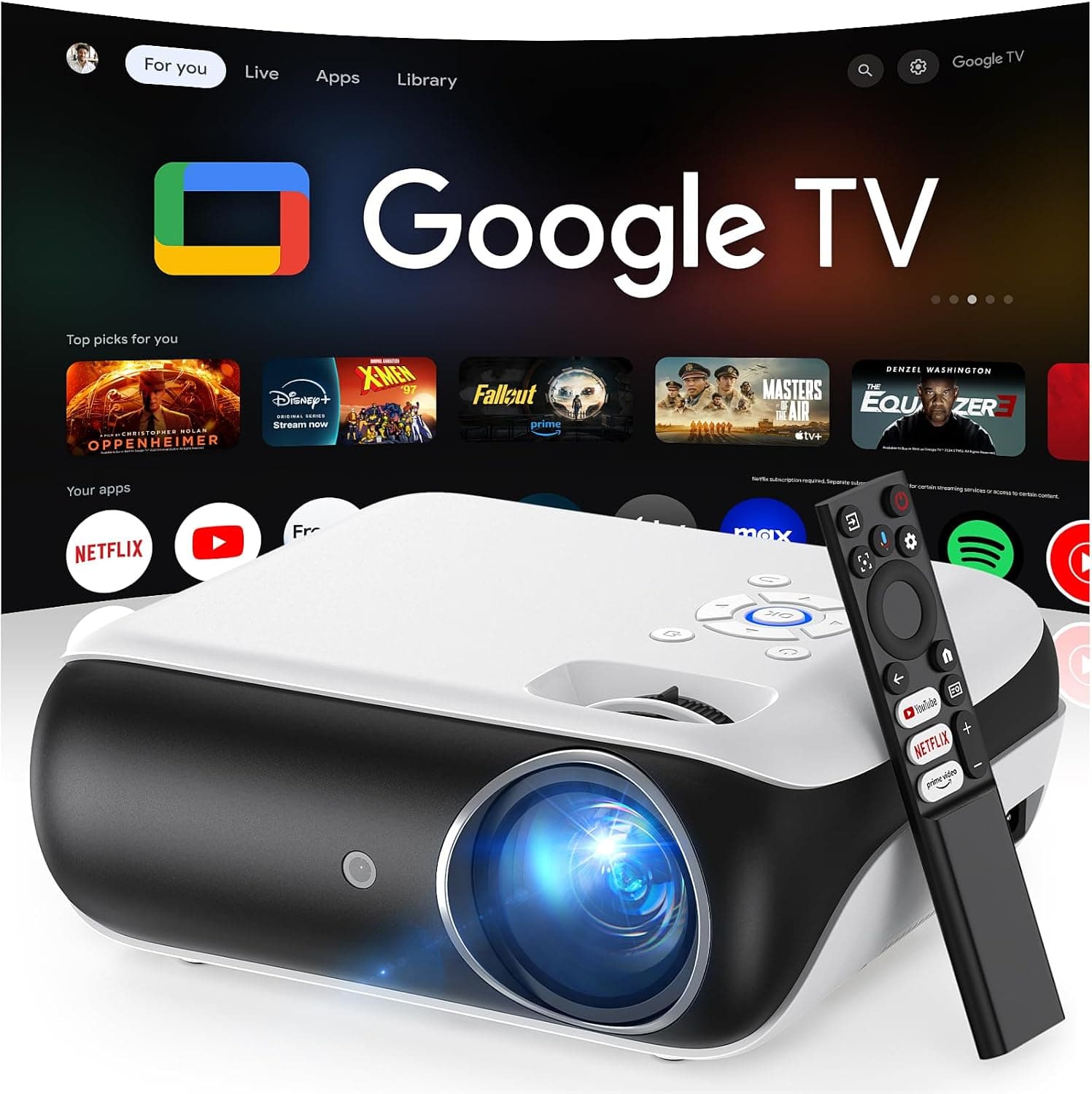 HAPPRUN Native 1080P Outdoor Smart Projector, Google TV, 4K Decoding, Dolby and AirPlay, PS5 Compatible