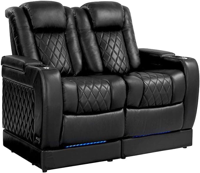 Valencia Tuscany Home Theater Seating with Risers Premium Italian Leather Recliner Sofa LED Cup Holders Power Headrest & Lumbar Support (Row of 2 Black)