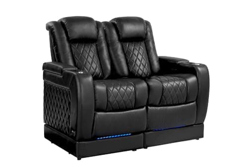Valencia Tuscany Home Theater Seating with Risers - Premium Italian Leather Recliner Sofa,LED Cup Holders,Power Headrest & Lumbar Support(Row of 2 Loveseat,Black)