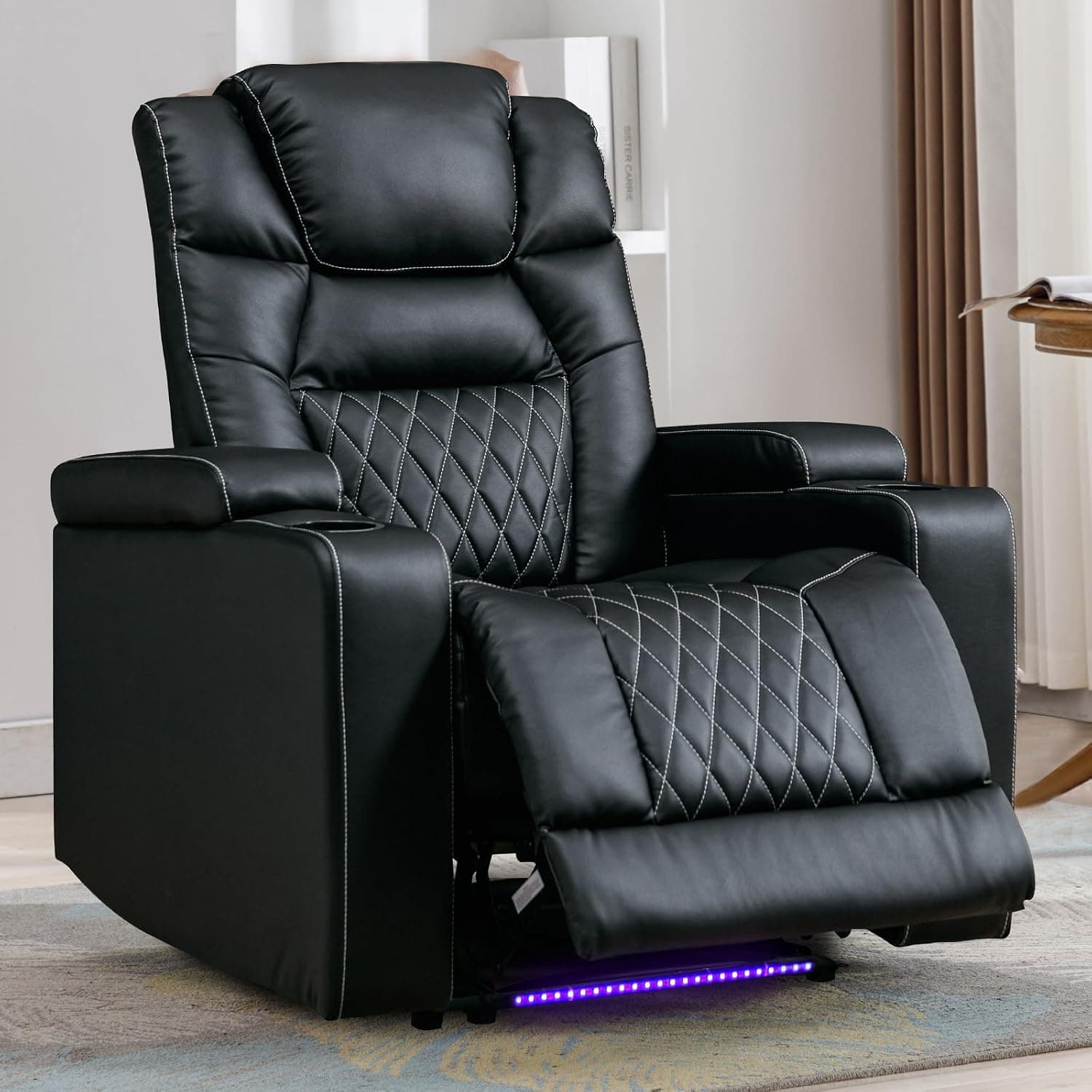 Power Home Theater Seating Electric Recliner Sofa with LED Light 23in Spacious Seat Overstuffed Backrest USB Ports and 2 Cup Holders Faux Leather Recliner Chair Black
