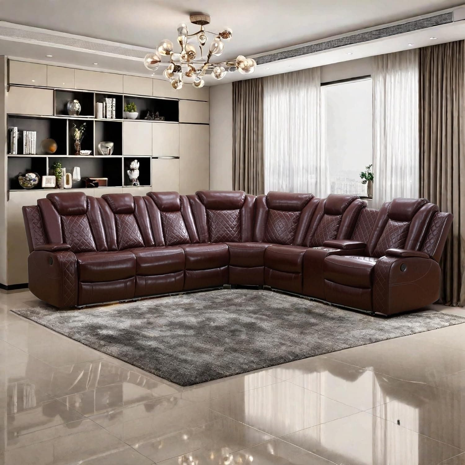Power Recliner Sofa Sectional Sofa with LED Light for Living Room Air Leather Reclining Corner Sectional Sofa Set Cup Holder Storage Console for Home Theater Seating (Burgundy)