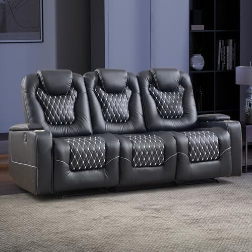 EBELLO Power Faux Leather Reclining Couch with Cup Holder and USB Port, Living Room Furniture Set, Electric Recliner Sofa for Home Theater Seat (3 Seat Sofa, Black)