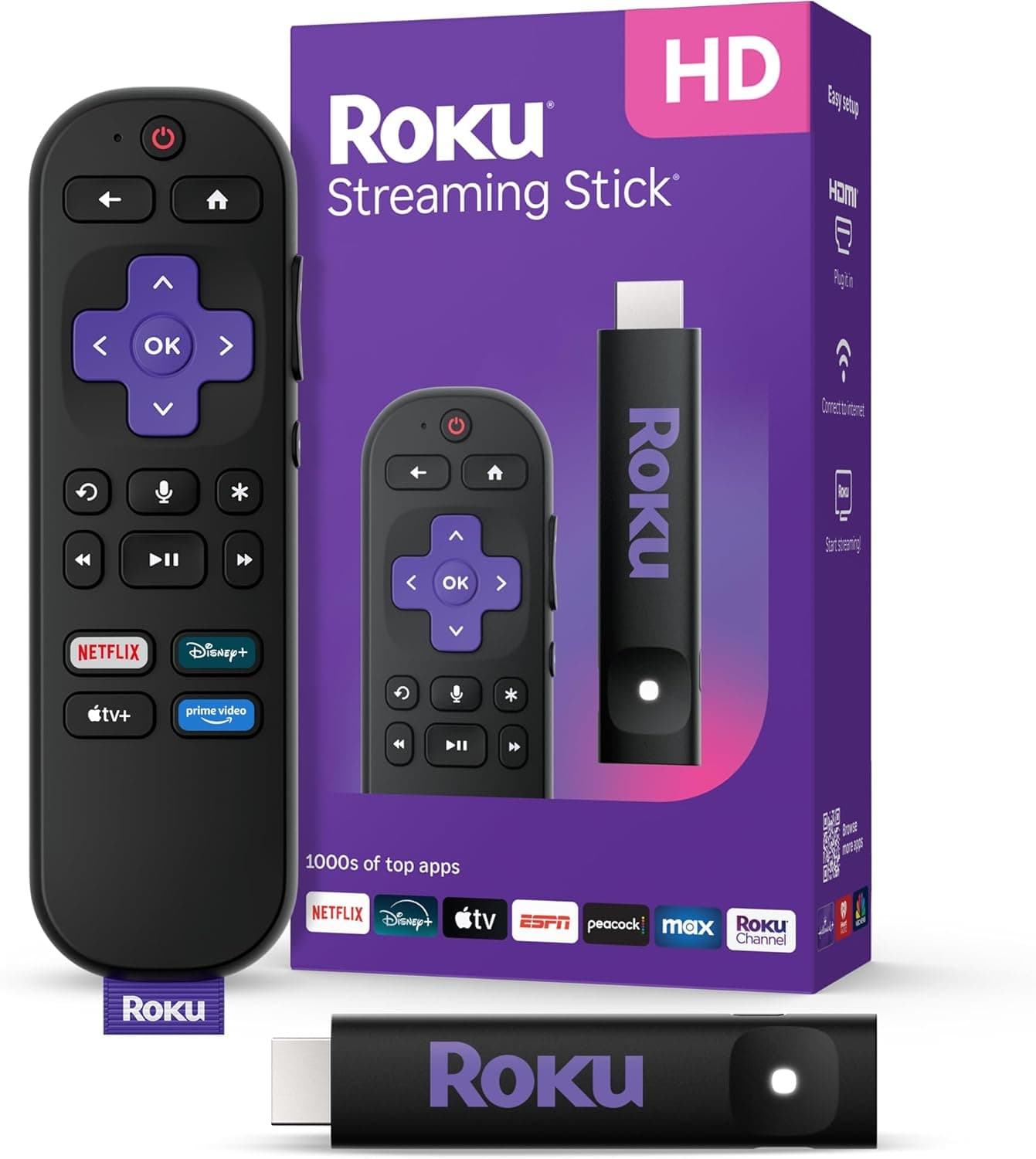 Roku Streaming Stick HD with Voice Remote, Compact Streaming Device with Long-Range Wi-Fi