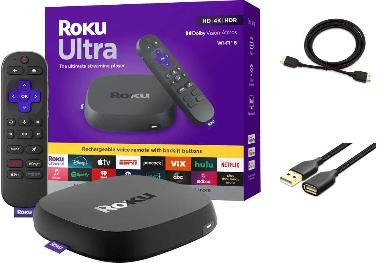 Roku Ultra Ultimate Streaming Player, 4K, Dolby Vision & Atmos, HDR10+, Rechargeable Voice Remote Pro, Bluetooth & Wi-Fi 6, with USB Extension Cord and HDMI