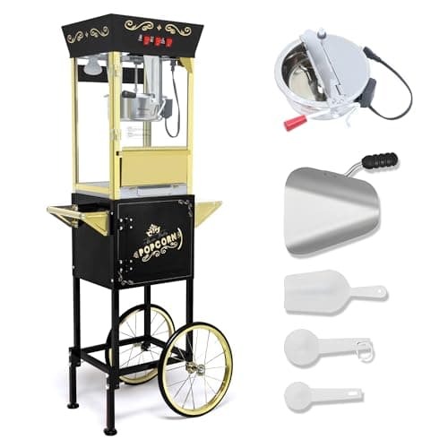 12oz Commercial Popcorn Machine with Cart, Vintage Theater Style Popper with Stainless Steel Kettle & Wheels for Parties, Business, Home Events