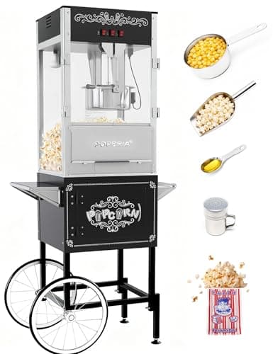 PopBria 16oz Commercial Popcorn Machine with Cart, Large Popcorn Maker | 1600W, with Warming Deck, for Restaurant, Concession Stand, Carnival, School, Church, Office, Black