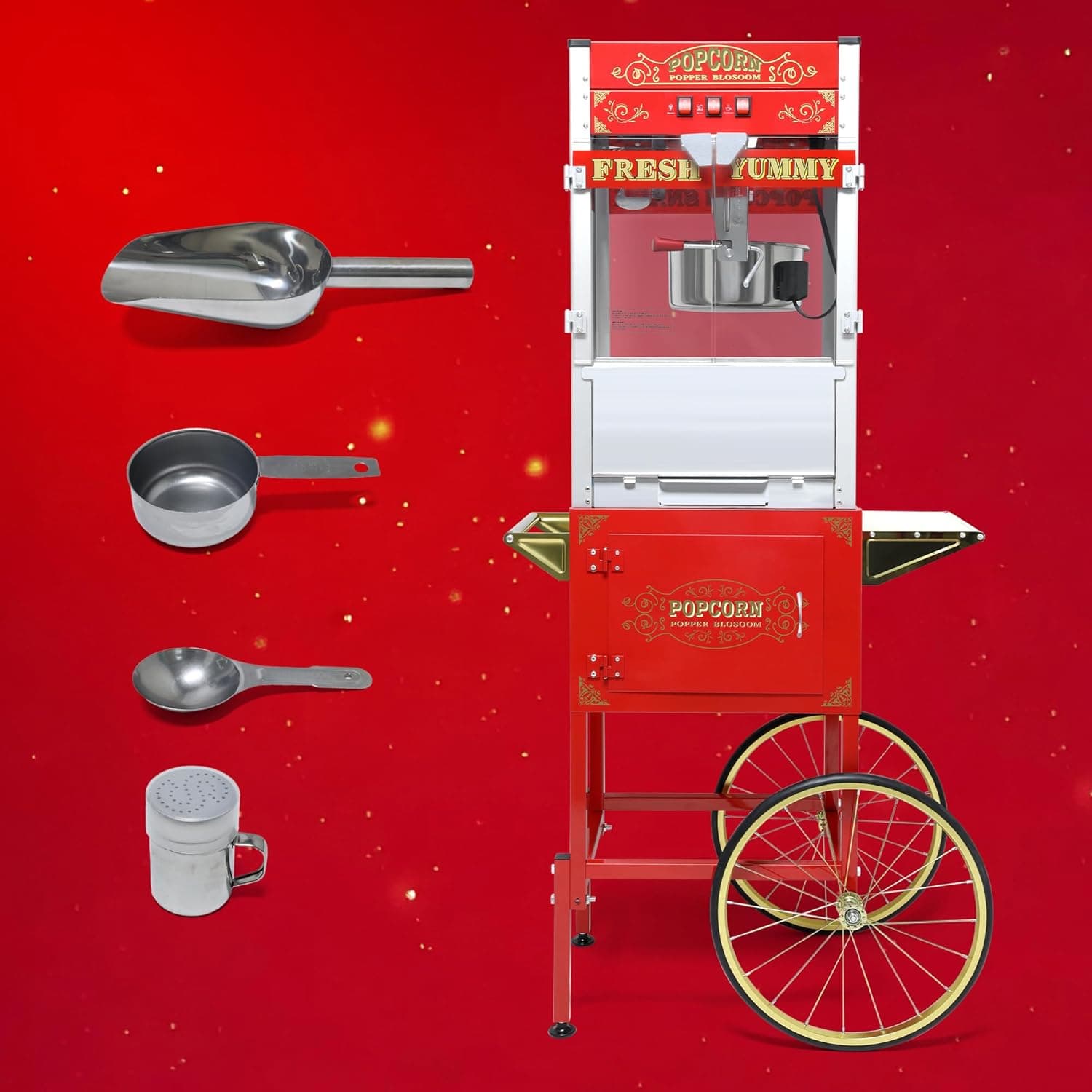 Popper Popcorn Machine with Cart, 20 Oz Stainless Steel Kettle, Vintage Style Popcorn Maker Mobile Cart with Lockers for Home Movie Theater, Red