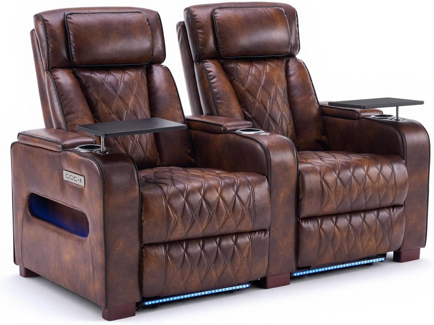 CALIVIA Luxury Home Theater Seating, Power Loveseat Recliner (Tan, 2 Seat) with Adjustable Headrests, Blue LED Ambient Lighting, Armrest Storage, Extended Footrest, Tray Table, USB & Type-C Charging