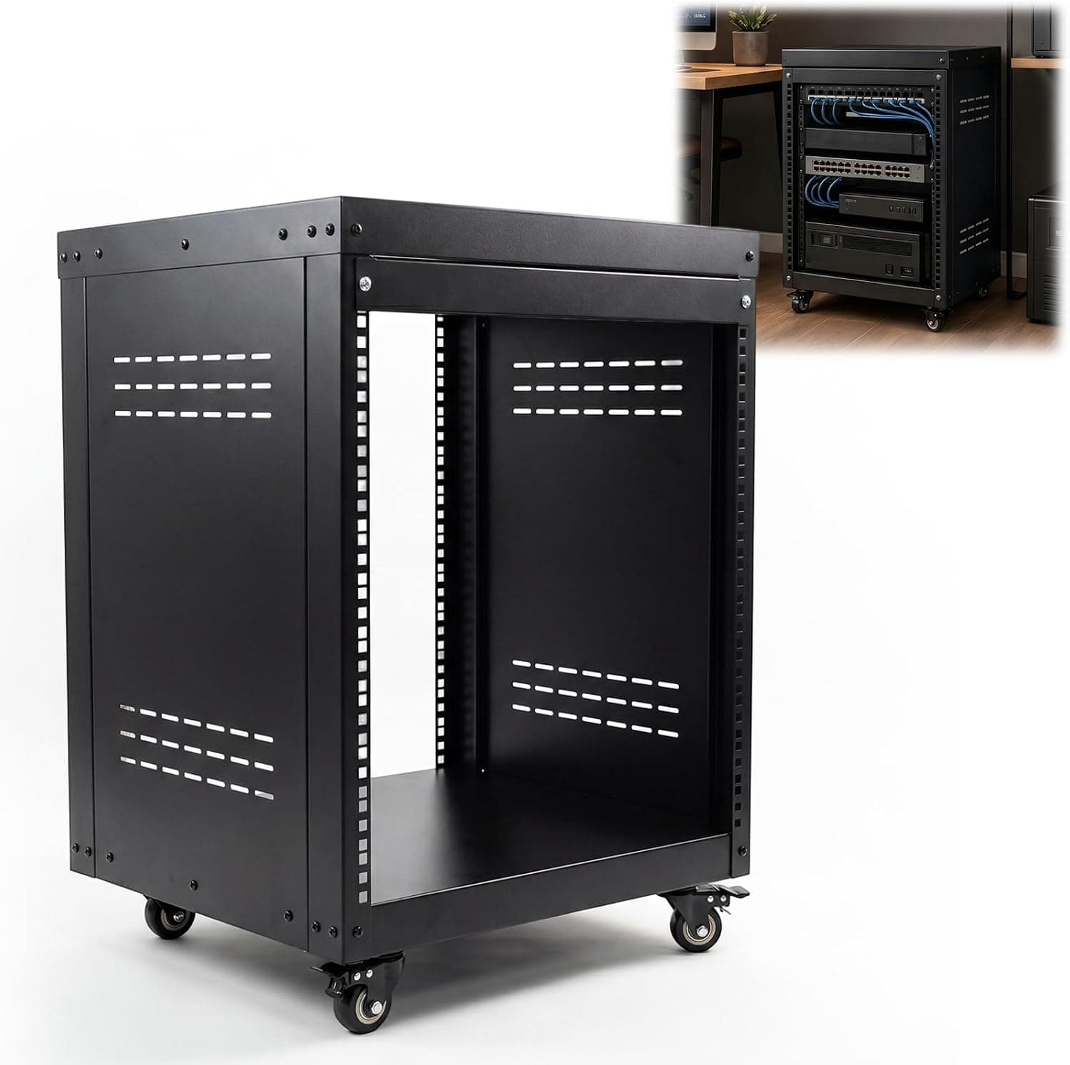 12U AV Rack Stand, 20 x 18.1 x 27.5 in Rack with Casters, 300 lbs Open Frame Metal Cabinet with Locking Wheels