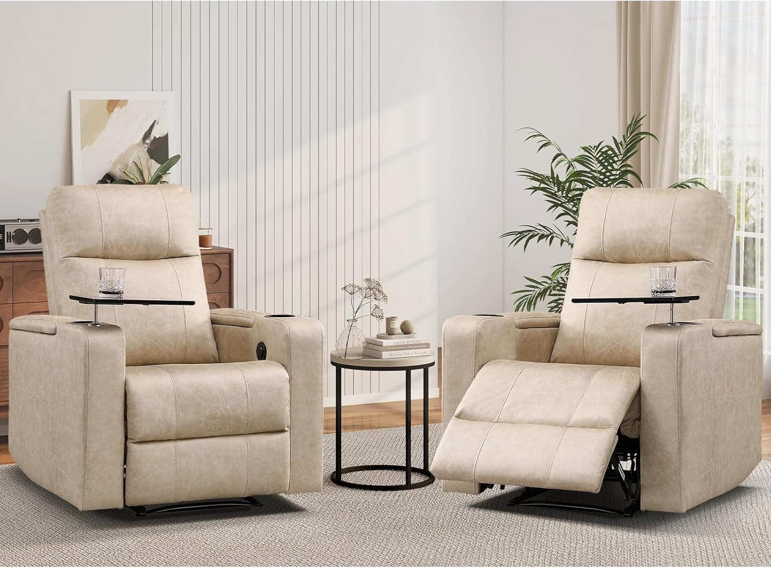 ANJ Home Theater Seating Power Recliner with Hidden Arm Storage Set of 2 Faux Leather Recliners with Tray Table Electric Movie Reclining Chairs with USB Ports & Cup Holders (Beige)