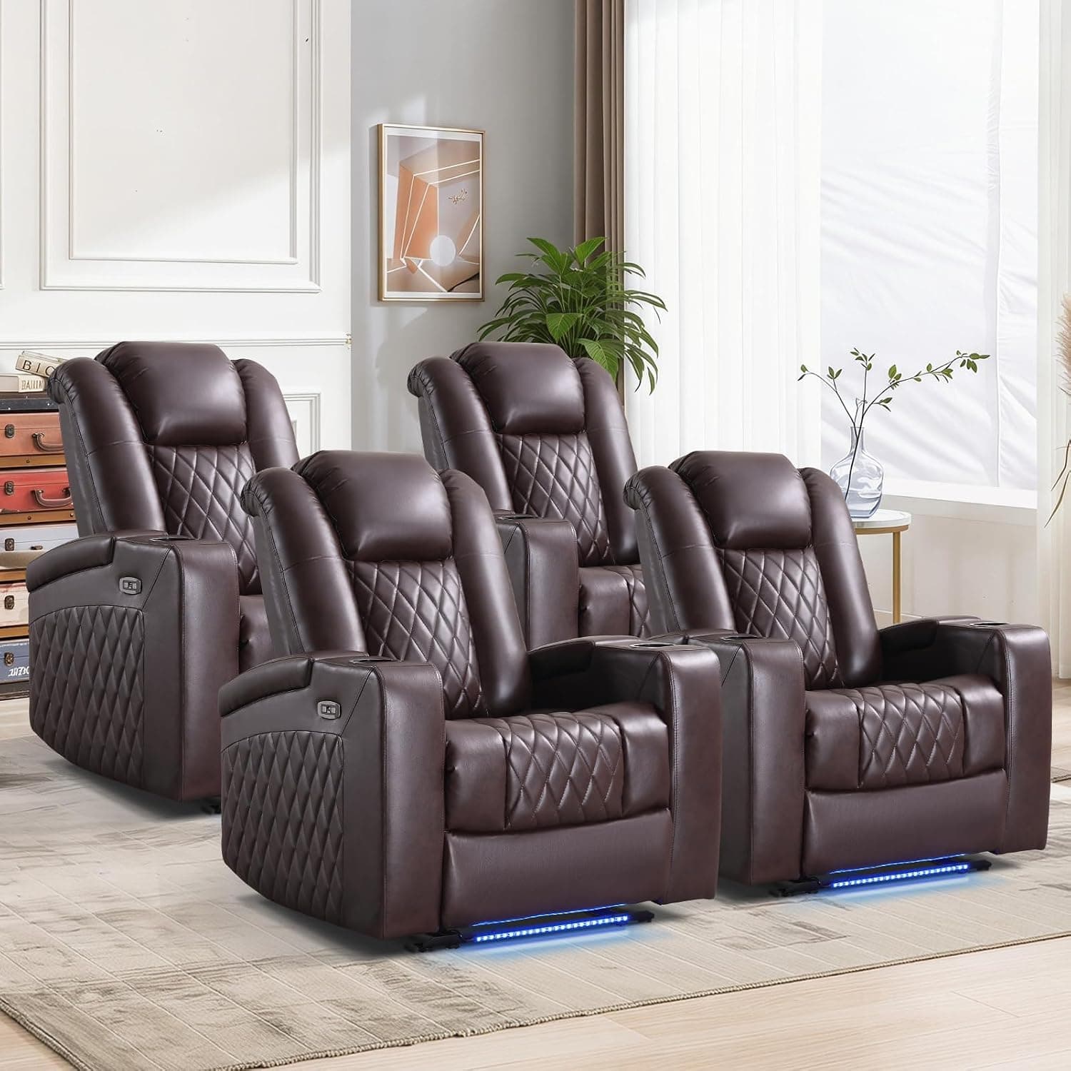 ANJ Home Theater Seating Power Recliner Set of 4 with Arm Storage Faux Leather Recliner Sofa with LED Light Electric Movie Reclining Chairs with USB Ports & Cup Holders (Brown)