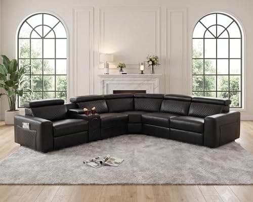 Ocstta Power Recliner Sectional Sofa with Speaker, 5 Seater Air Leather Sectional Couch for Living Room, L Shaped Modern Reclining Couch with Adjustable Headrest/Storage/Cup Holder (Black#1)