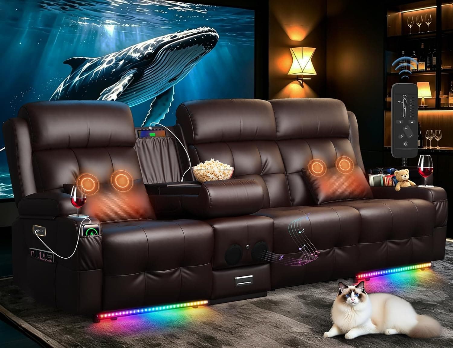 Home Theater Seating 3 Seat Power Recliner Sofa with Massage & Heat Wall Hugger Reclining Loveseat with USB RV Couch with LED Lights Flip Backrest Cup Holders
