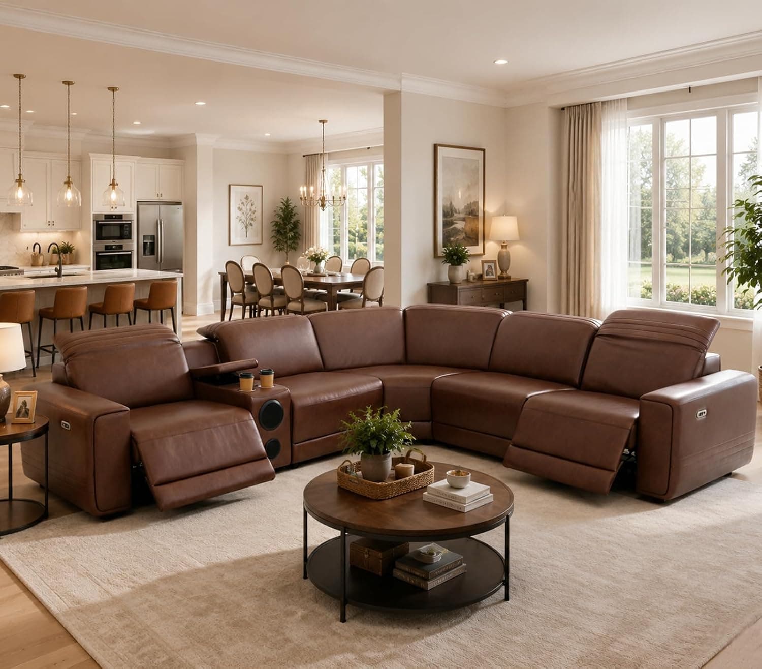 Power Reclining Sectional Sofa with Speakers L-Shaped Air Leather Recliner Sectional Couch with USB Ports Cup Holders & Storage Console Luxury Living Room Furniture Set