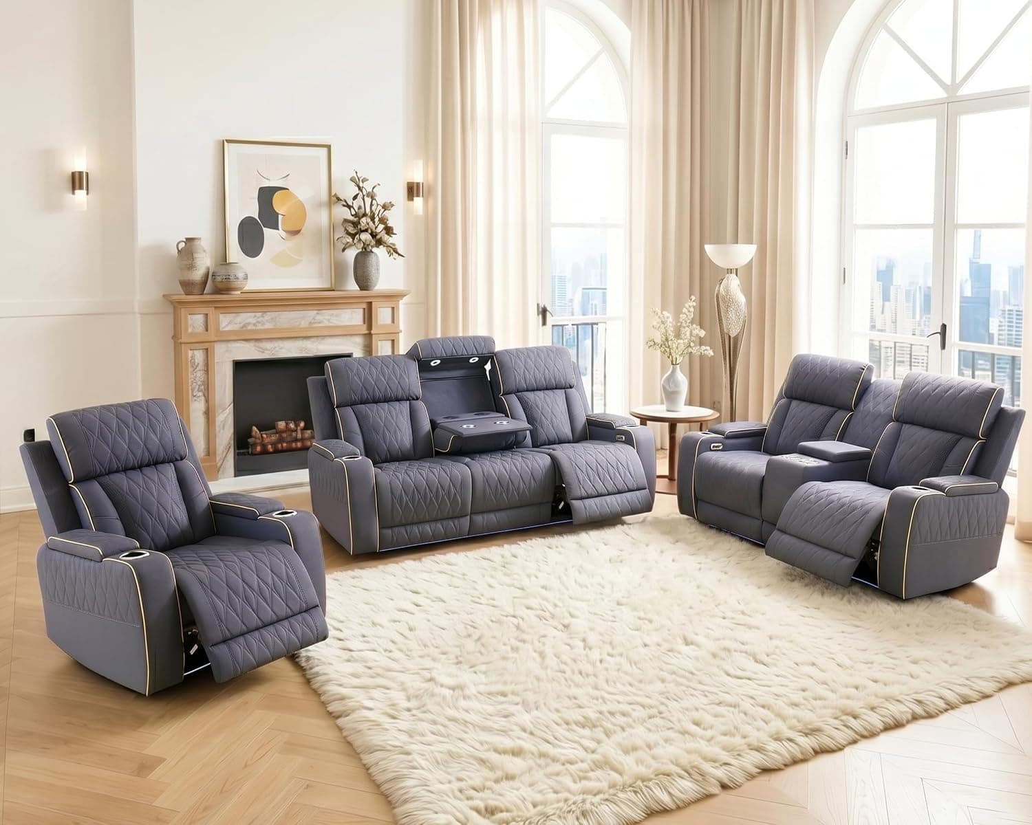 Power Reclining Sofa Set Home Theater Seating Recliner Couch with LED Lighting USB Ports Storage Console & Cup Holders Breathable Leather Sofa Loveseat Chair Set (Grayish Blue)