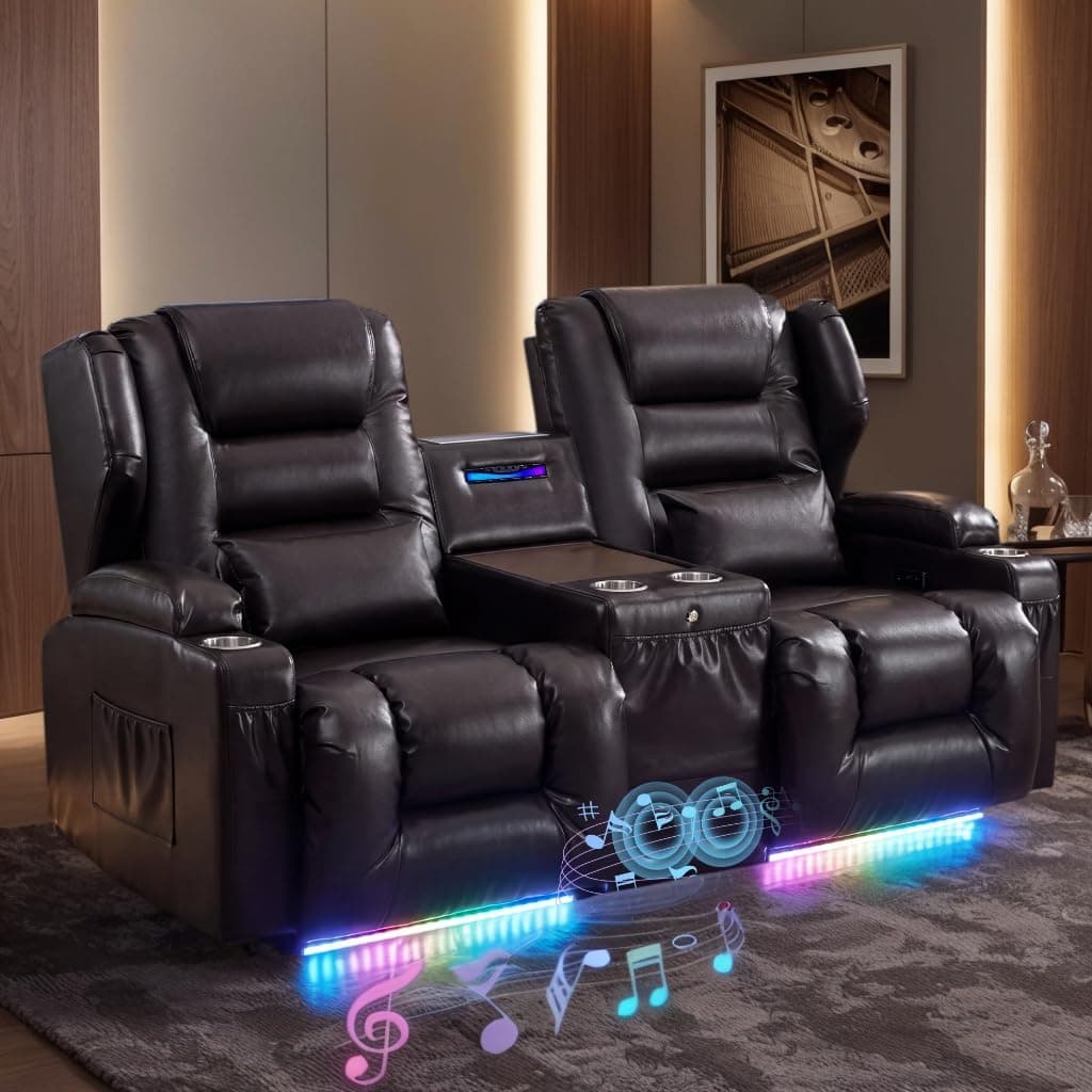 Power Loveseat Recliner Sofa Home Theater Wall Hugger Reclining Couch 74.8 in Console Bluetooth Speaker USB Charging Cup Holders LED Light Dark Brown
