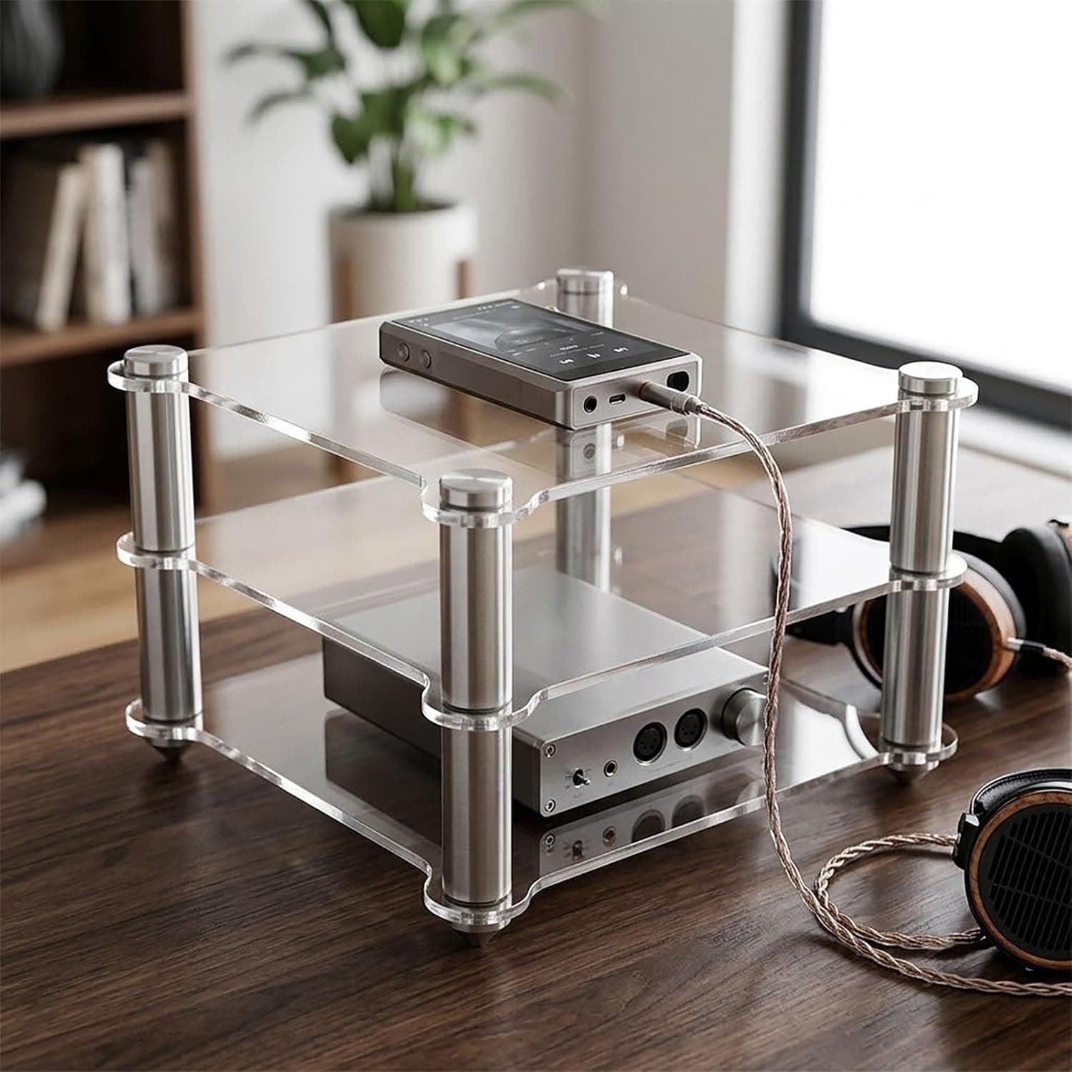 AV Media Stand, Audio Rack Tower, Open Frame Stereo Rack Cabinet, Acrylic Shelves and Stainless Steel Uprights