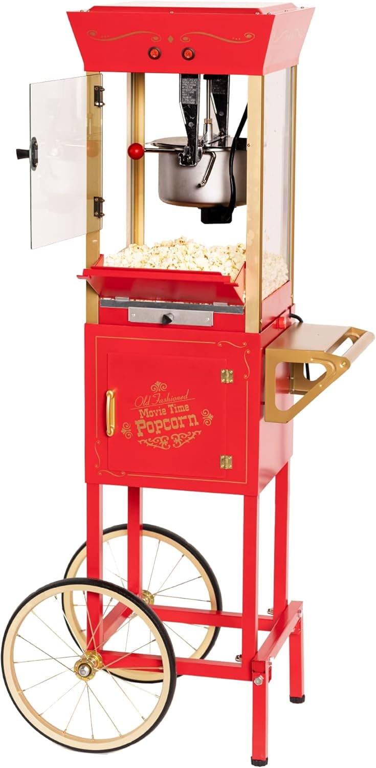 Nostalgia Popcorn Maker Machine, Professional Cart with 8 Oz Kettle Makes Up to 32 Cups, Vintage Movie Theater Style, Red