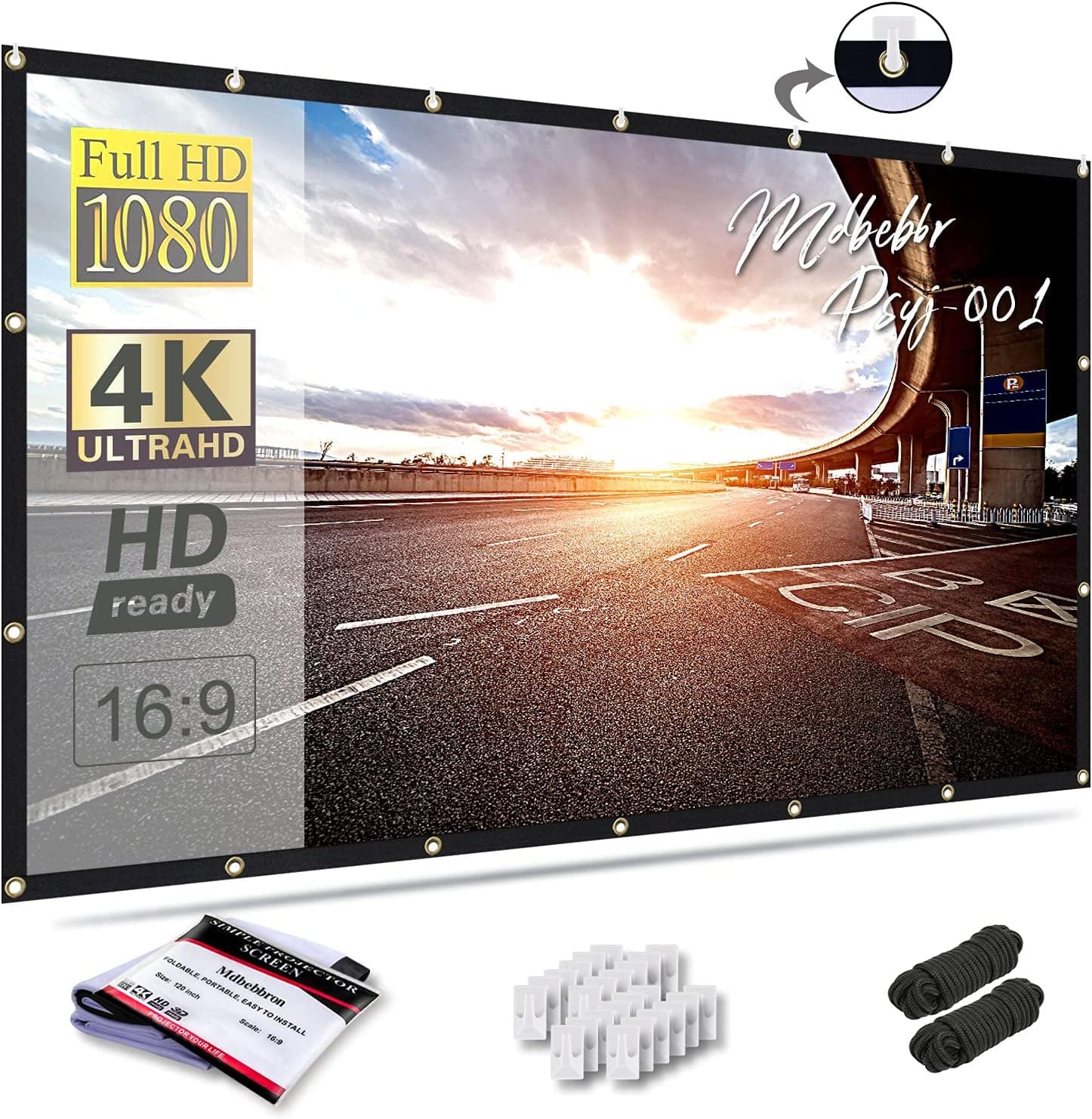 Mdbebbron 120 inch Projector Screen 16:9 Foldable Anti-Crease Portable Movies Screen, Double Sided