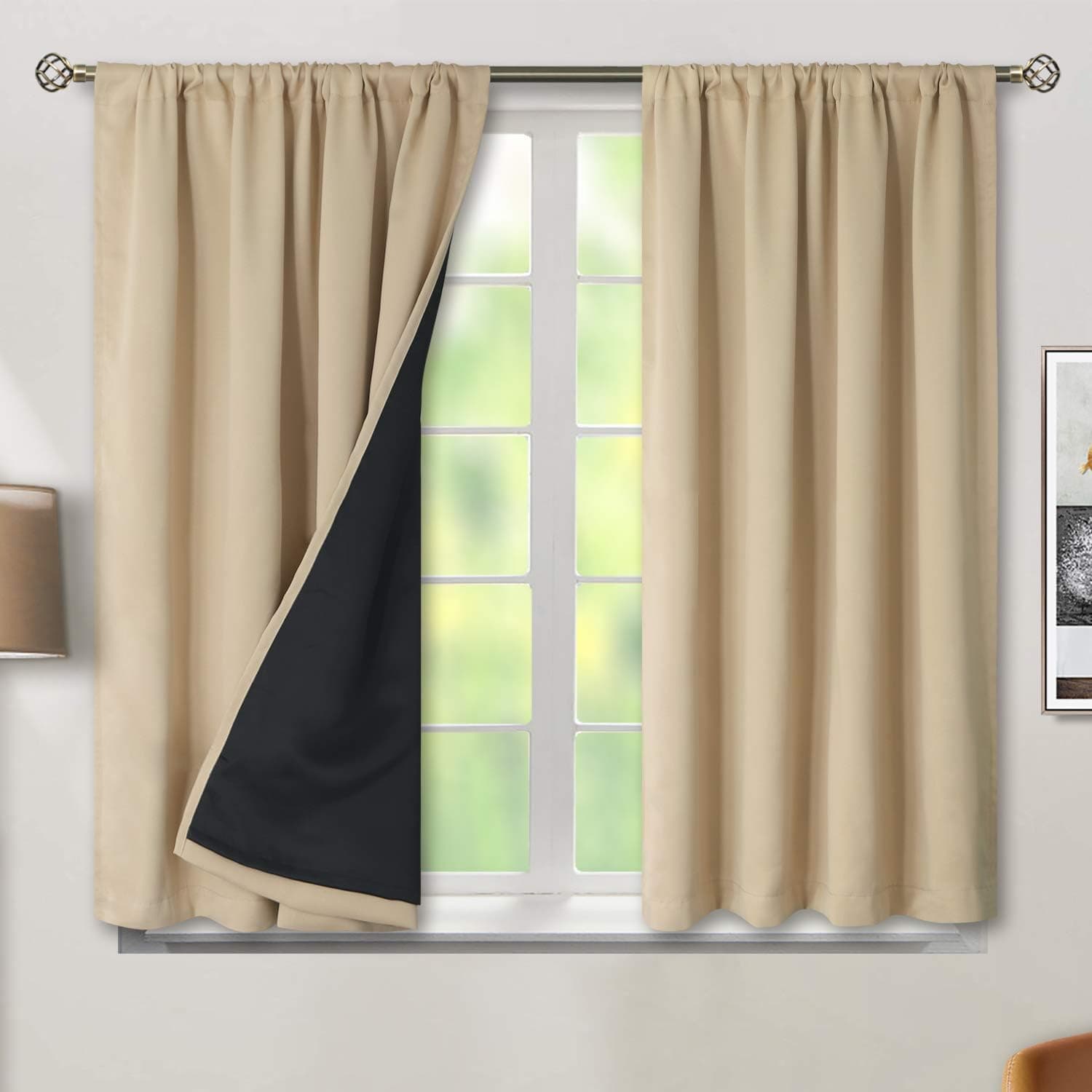 BGment Thermal Insulated 100% Blackout Curtains with Black Liner, Double Layer Room Darkening (52 x 45 Inch, Beige, 2 Panels)