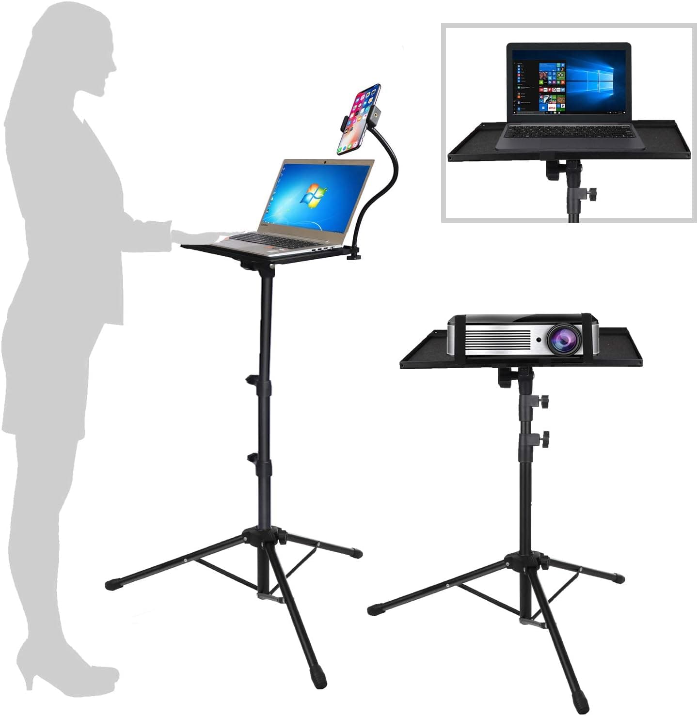 Projector Tripod Stand, Foldable Laptop Tripod, Multifunctional DJ Racks/Projector Stand, Adjustable Height 17.5 to 48 Inch with Phone Holder