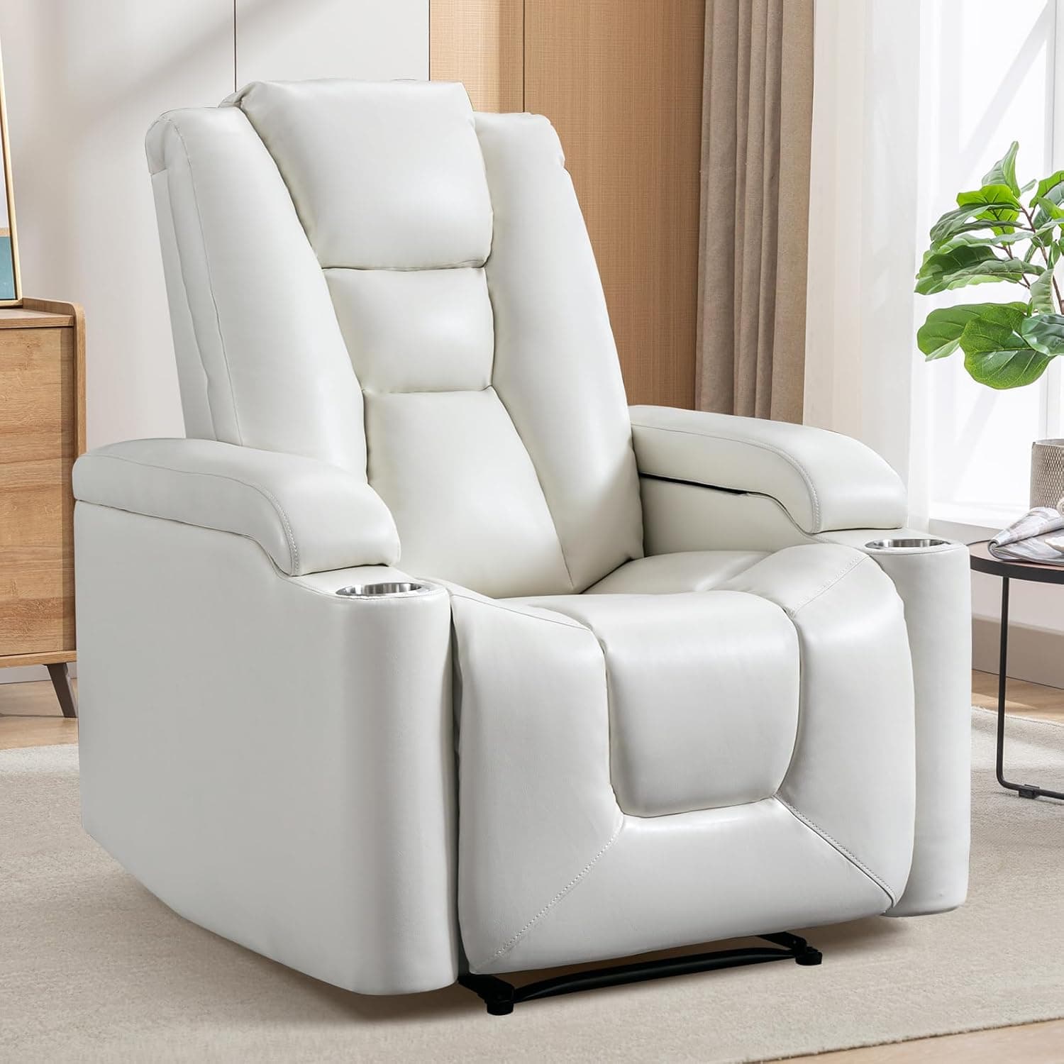 ANJ White Power Recliner Chair Electric Home Theater Seating Soft Leather Movie Chair Overstuffed Single Reclining Sofa with Hidden Arm Storage Cup Holders and USB Ports (Cream White)