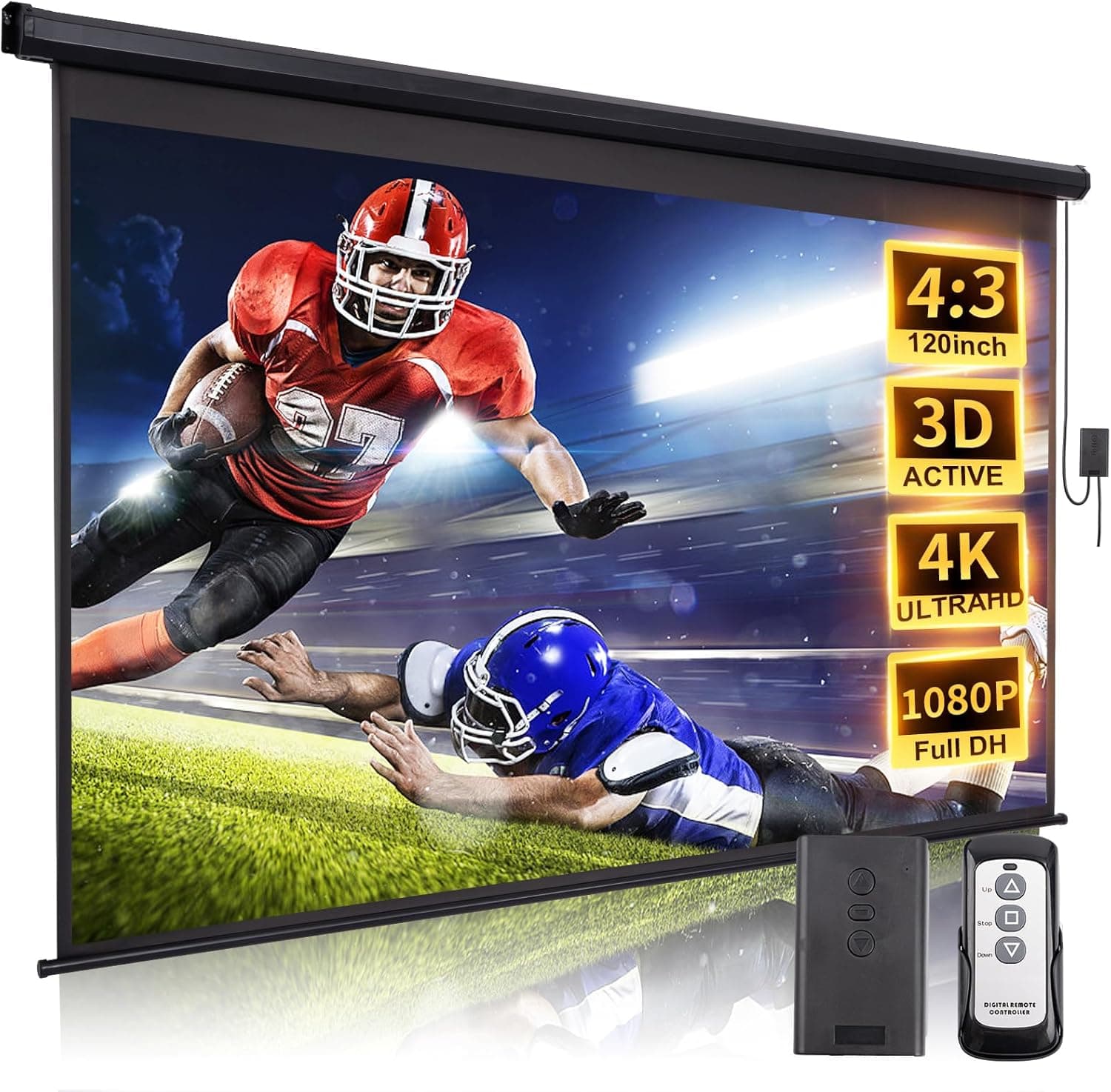 120 Inch Motorized 4:3 HD Electric Projector Screen Pull Down with Remote, Retractable Wall/Ceiling