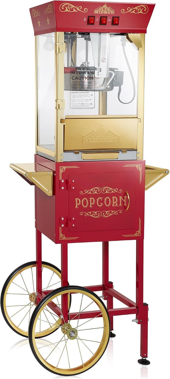 Olde Midway Movie Theater-Style Popcorn Machine Maker with Cart and 10-Ounce Kettle, Red, Vintage-Style Popper on Wheels