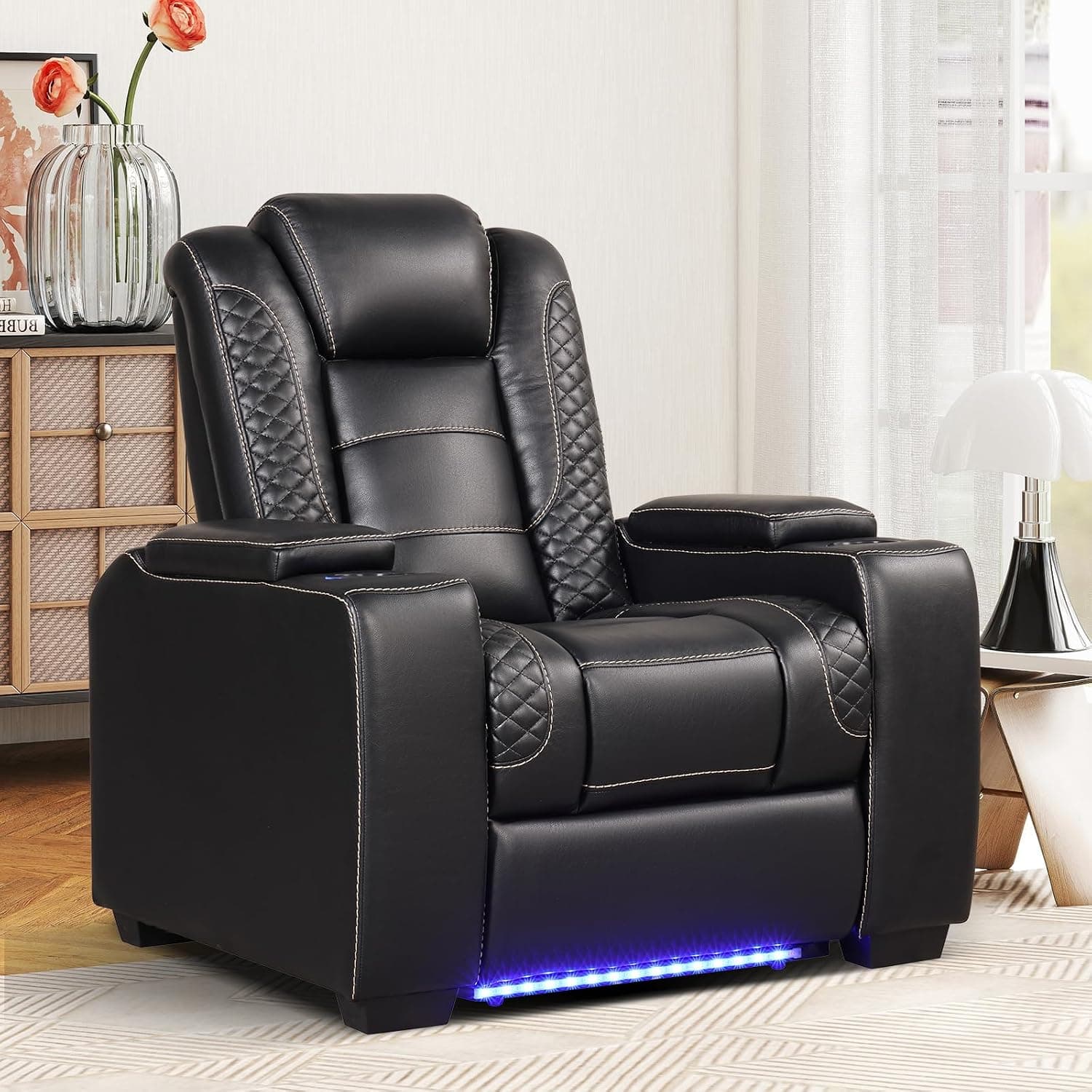 ANJ Power Recliner Home Theater Seating Electric Recliner Chair with Adjustable Headrest PU Leather Dual Motor Movie Reclining Chairs with Cup Holders LED Lights USB Port Hidden Arm Storage (Black)