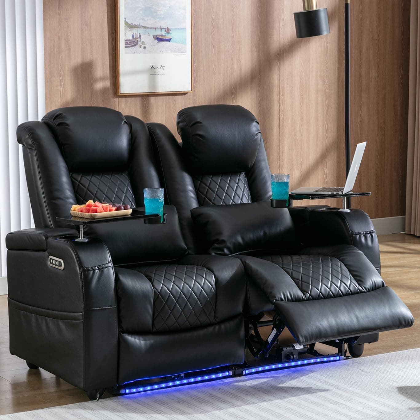 Akeysous Sofa Recliner Home Theater Seating LoveSeat, Game Movie RV Theater Chairs Recliner Sofa with 7 Colors Ambient Lighting, Lumbar Pillow, Side Pocket, Tray Table, Power Recline, Black