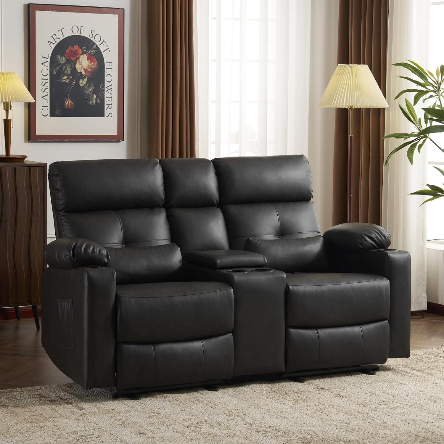 Home Theater Seating Loveseat Recliner Sofa, Power Reclining Couch with Massage & Heat, USB Charging Port, 2 Lumbar Support Pillows, Center Console, Cup Holder, Side Pocket