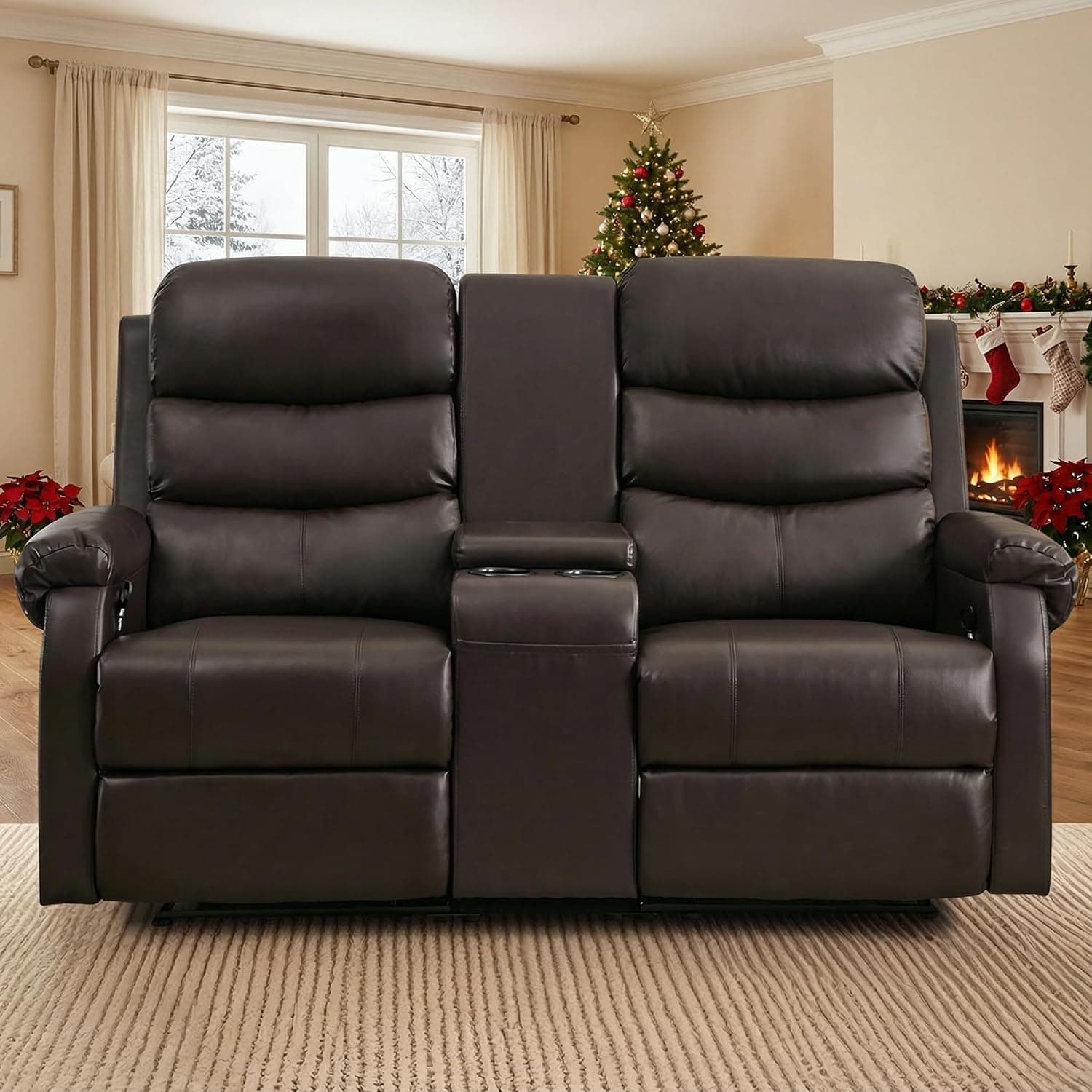 ZRNINR Loveseat Reclining Sofa, Home Theater Seating with Center Console, RV Recliner Sofa with Cup Holders and Pockets, Manual Double Seater Recliner (Brown)