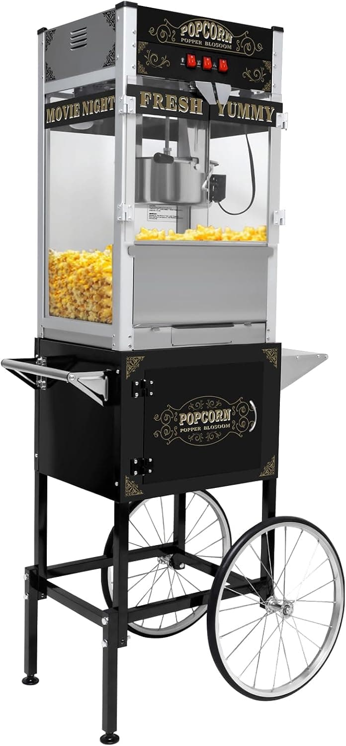 Nyddle Commercial Popcorn Machine with Cart, Wheels and 20 Oz Kettle, Vintage Style Movie Theater Popcorn Popper for Parties, Events, Home Theater