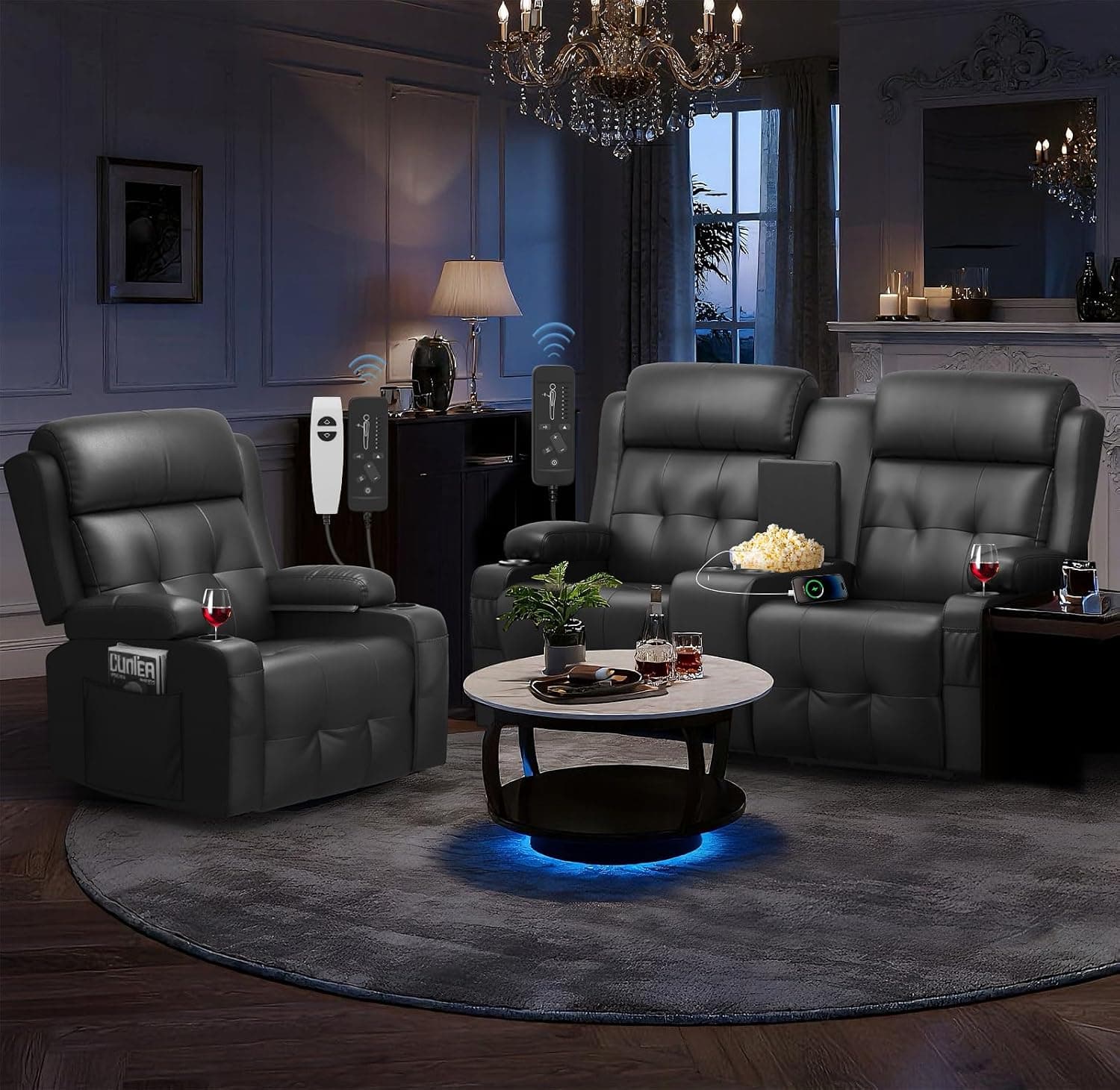 Home Theater Seating Loveseat Recliner Sofa, Massage Reclining Couch with LED Lights, USB, Center Console, Wall Hugger RV Recliners, 145 Recline & Cup Holders & Side Pockets