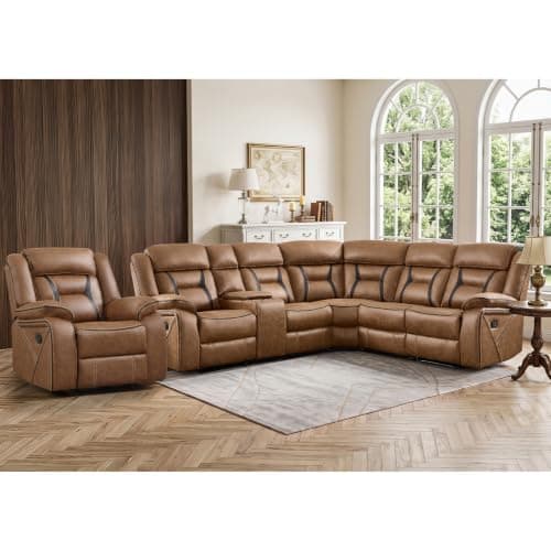EBELLO Faux Leather Reclining Sectional Sofa Set for Living Room, 1 Recliner Chair and L-Shaped Reclining Couches Home Furniture Set with Center Console, Hidden Cup Holders and Storage, Brown