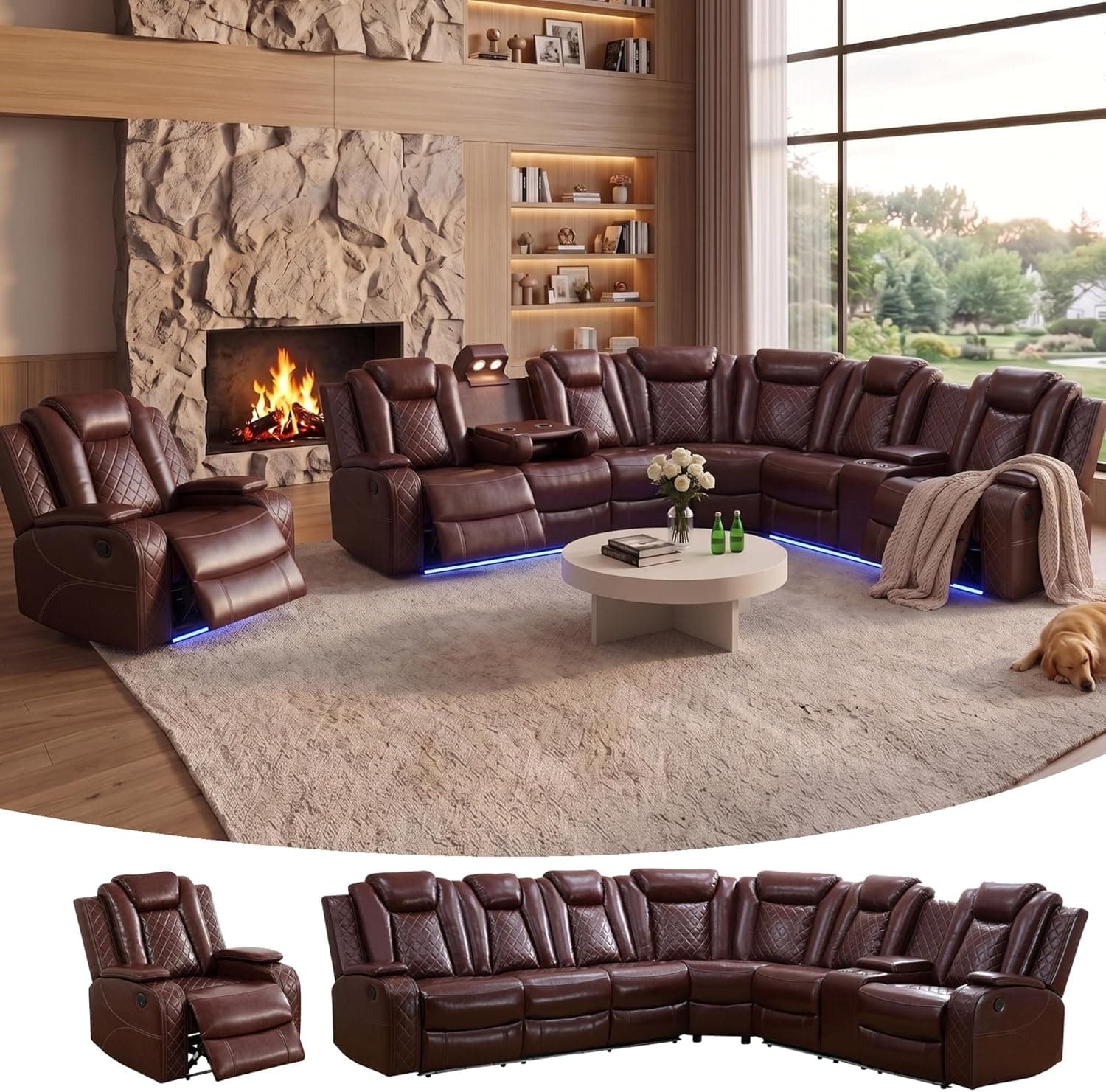 Power Reclining Leather Sectional Couch with LED Lighting Power Leather Recliner Sofa Set and Chair Living Room Furniture Set with Storage Console Cup Holder for Home Theater Red Brown