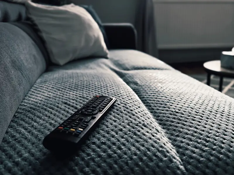 A close-up of a TV remote on a textured sofa in a cozy living room setting