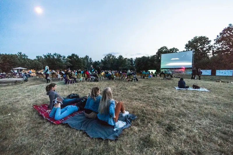 People enjoying an outdoor movie night under the sky in a scenic setting surrounded by trees